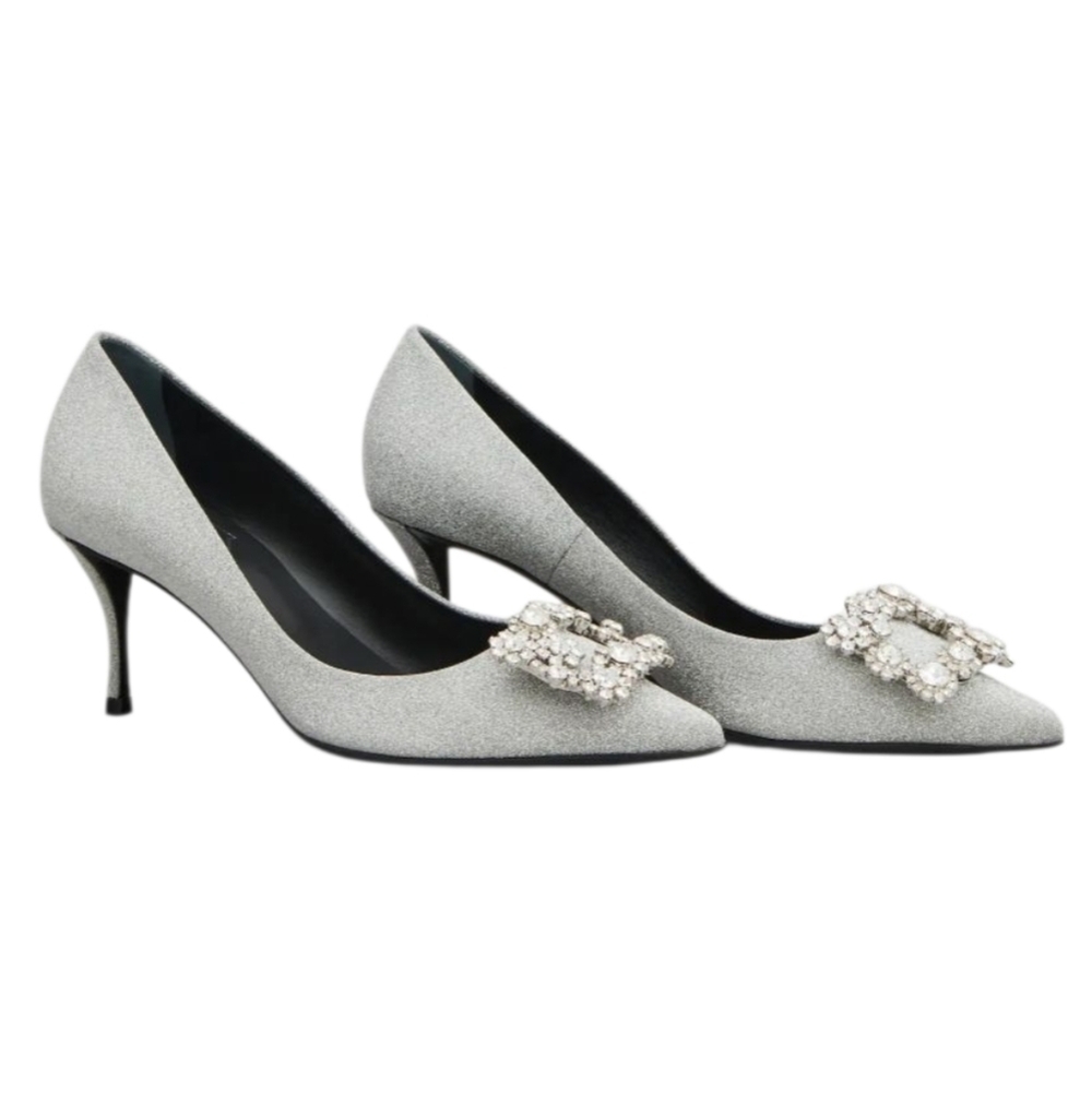 Roger Vivier Efflorescence Silver Glitter Crystal Buckle Pumps Size 39